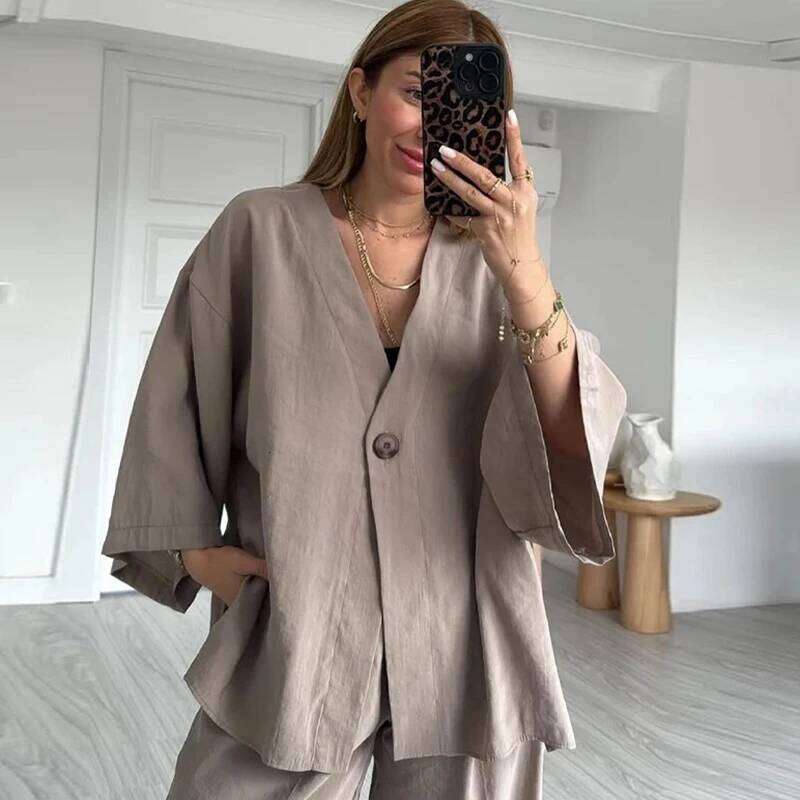 Casual Cotton Linen Pants Sets Women Loose V Neck One Button Shirt High Waist Wide Leg Pant Spring Summer Lady Suit
