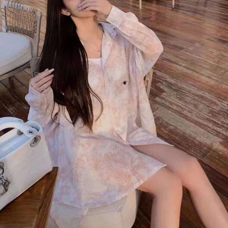 Pink Floral French Style Women's Thin Autumn New Design Sensation Lazy Sunscreen Shirt Trendy Button-Up Casual Top