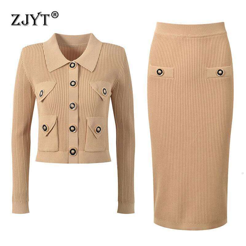 ZJYT Spring Turn Down Collar Knitting Cardigan Sweaters Skirt Set Women Knitwears Outfit Jersey Mujer Elegant Party Suit 2025