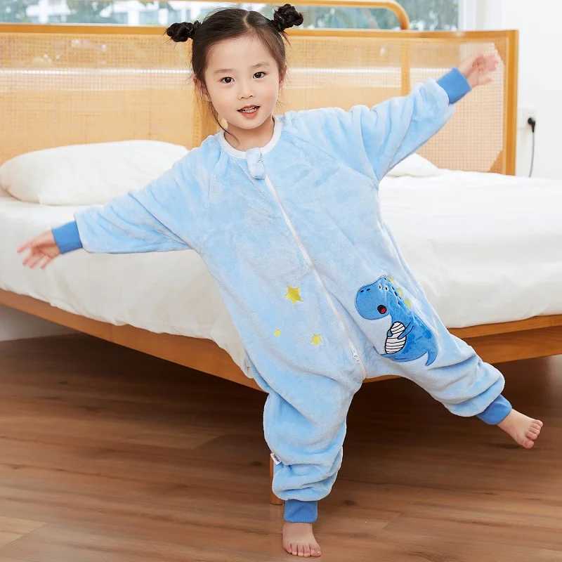 MICHLEY Blue Dinosaur Flannel Baby Kid Sleeping Bag Winter Sleepwear Cute Cartoon Bodysuit Sleepsack Pajamas With Feet Boys Girl y250610PDCN