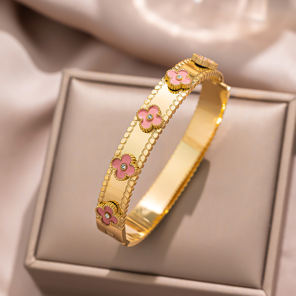 Fashion Four Leaf Clover Inlaid Blue Zircon Bracelet Golden Stainless Steel Bracelets Bangles Delicate Jewelry Gift for Women 250512