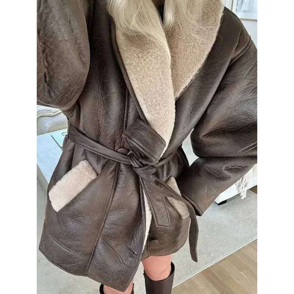 ZBZA Women's Warm Faux Leather Lace-up Thick Retro Lapel Double-breasted Long Sleeve Loose Casual Overcoat Winter Chic Coat
