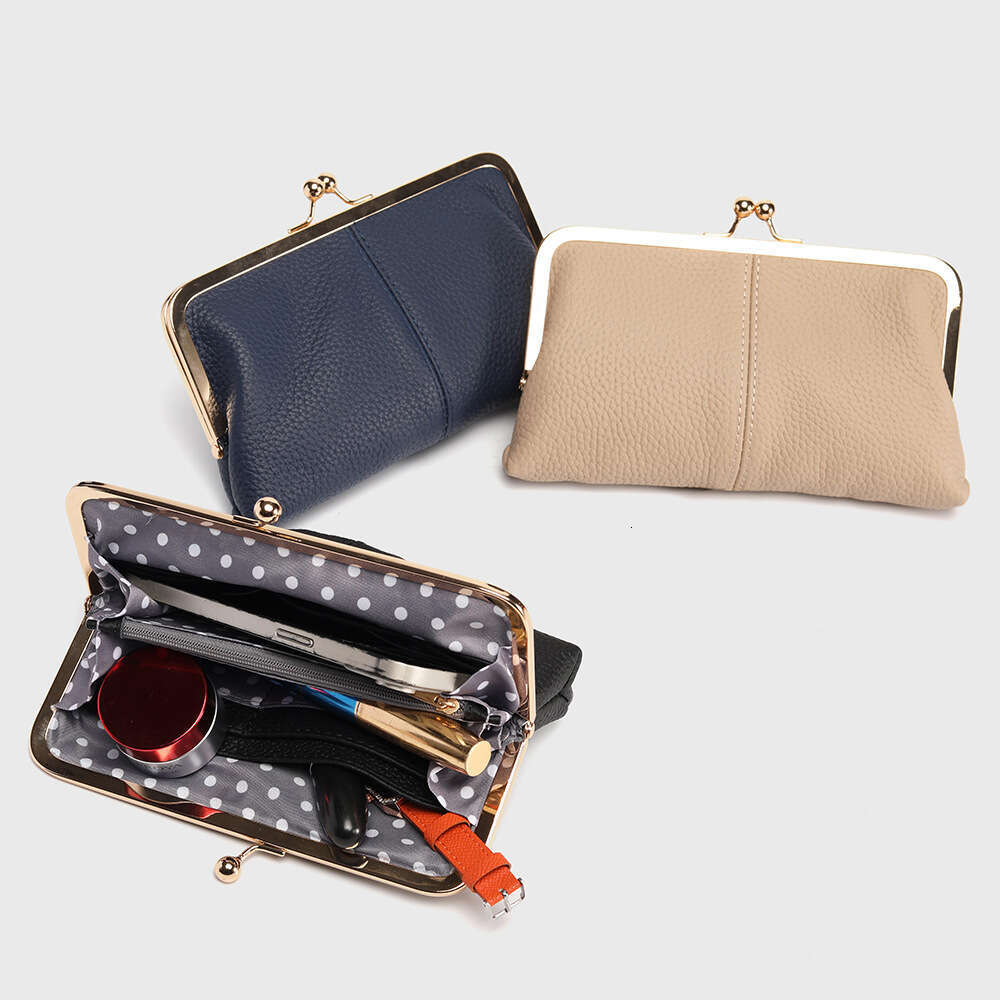 New Genuine Leather Long Clutch Simple Fashion Clip First Layer Cowhide Wallet Gold Frame Storage Bag Large Capacity