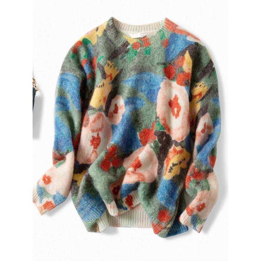 Lazy Style Sweaters Long Sleeve Contrast Color Jacquard Fashion Vintage All Match Pullovers Loose Aesthetics Women Clothing 2024