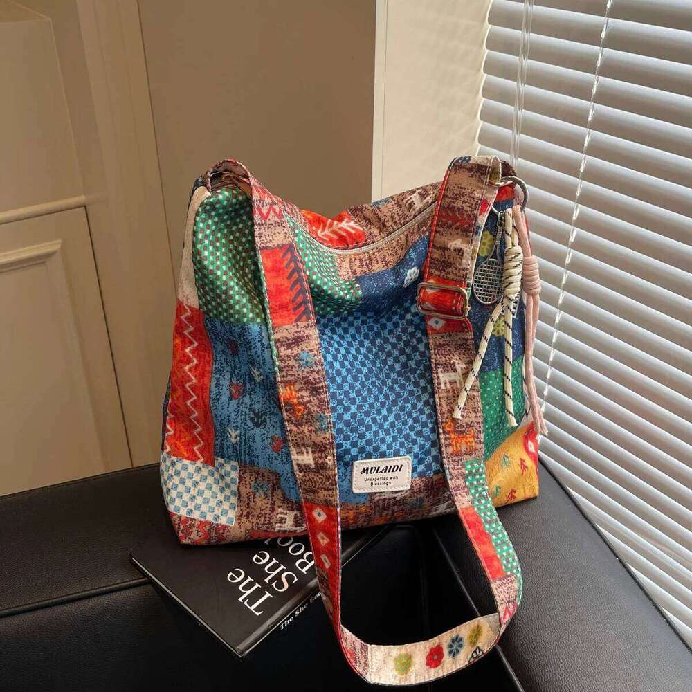 New Ethnic Style Patchwork Single Shoulder Crossbody Bag Simple Casual Large Capacity Canvas Commuting Storage Bags