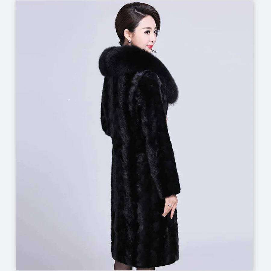 Women's Winter Warm Black with Mink Mid-length Fox Fur Collar Coat Plus Size Thick and Elegant