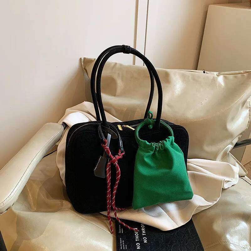 2Pcs Plain Color Autumn/Winter Faux Suede Tote Bag Vintage Boston Women Shoulder Bags Large Capacity Lady Handbags With Pendant