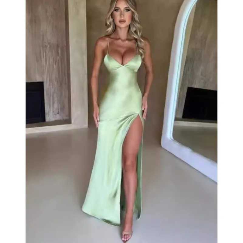 Womens Bandage Backless Elegant Dresses Split Hem Spaghetti Strap Slim Cocktail Party Club Fashion Satin Solid Lace-Up Dresses XJ250610