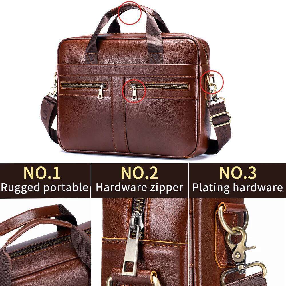 Men's Leather Briefcase, Cowhide Shoulder Crossbody Large Capacity Office Computer Bag, Multifunctional Handbag