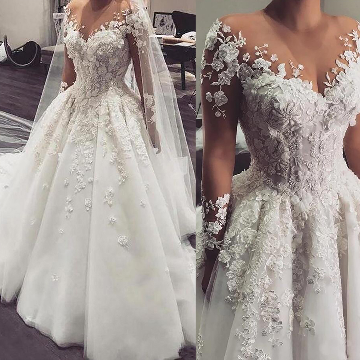 Luxury Beaded Lace Wedding Dresses A Line Sweep Train Sheer Neck Tiered Bride Gowns Long Sleeves Custom Made Formal Castle Church Garden Princess Brid