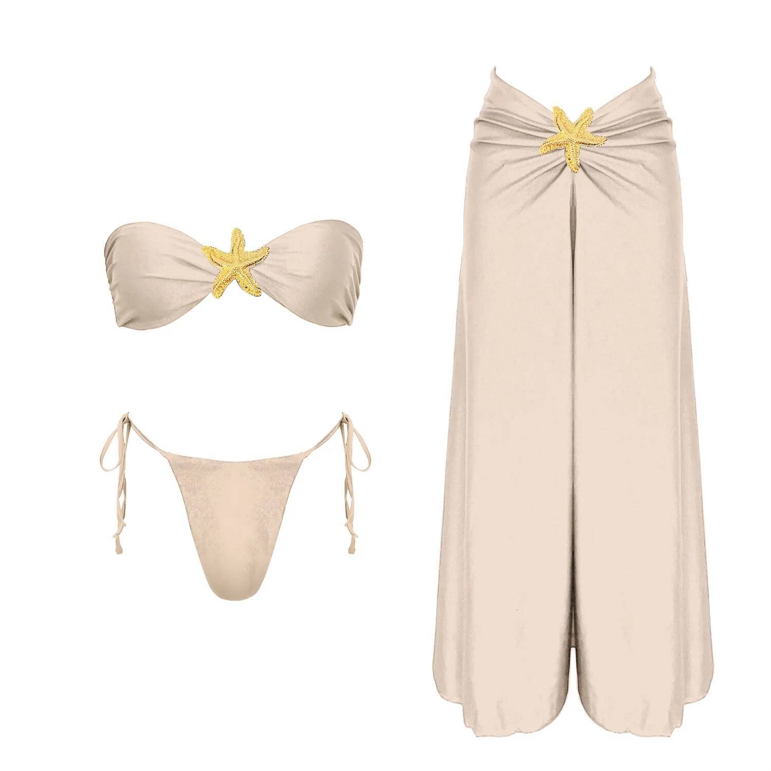 New 3Pcs Shiny Bandeau Biquini With Cover Up Sexy Swimsuit Woman Swimwear Off Shoulder Swim Suit Star Bikini Bodysuit Beachwear