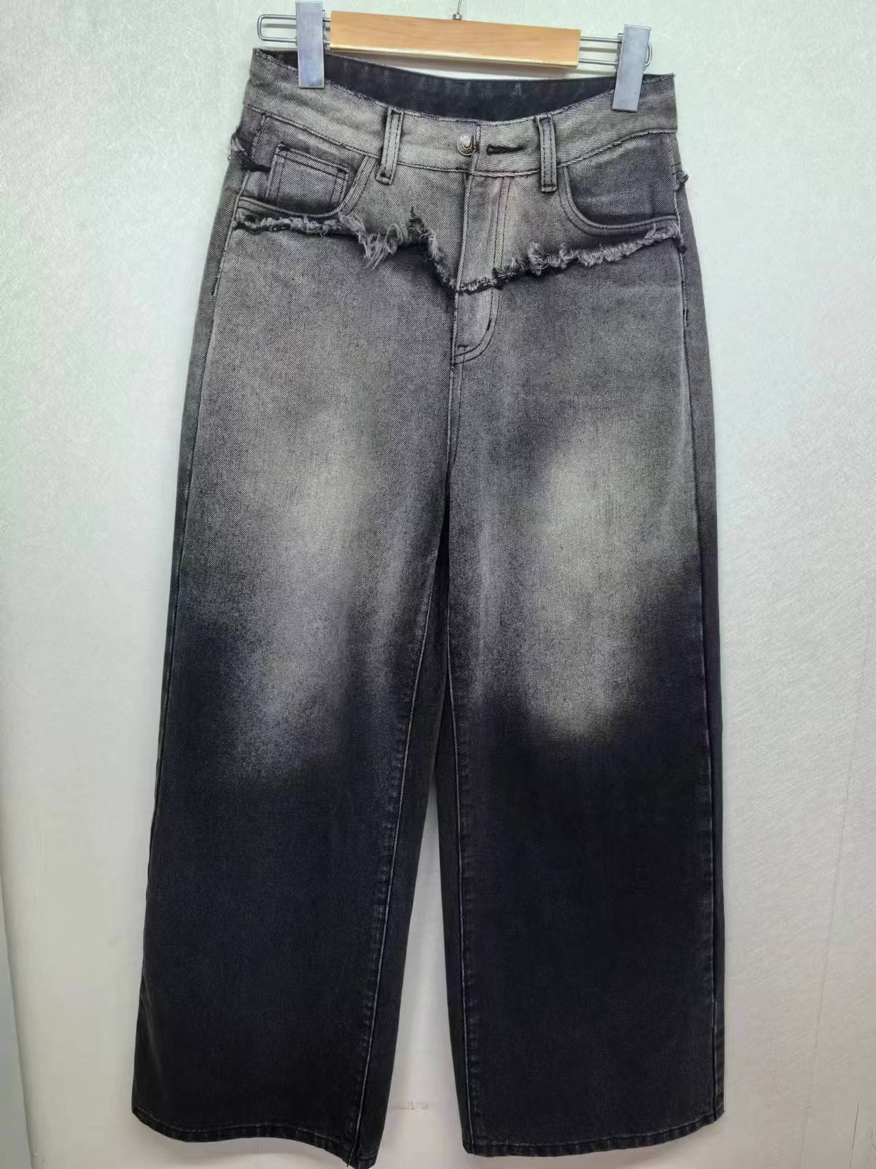 Vintage washed asymmetric cropped wide leg jeans factory customized wholesale 24-0125