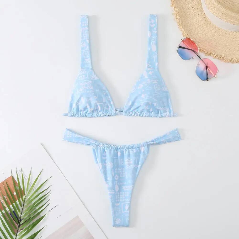 Reversible Two-piece Swimsuit Floral Print V-neck Bikini Set with High Waist Women for Summer