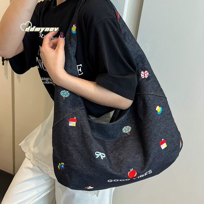2025 Korean Style Embroidered Denim Crossbody for Women New Niche Large Capacity Commuter Canvas Shoulder Tote Bag ddmynov