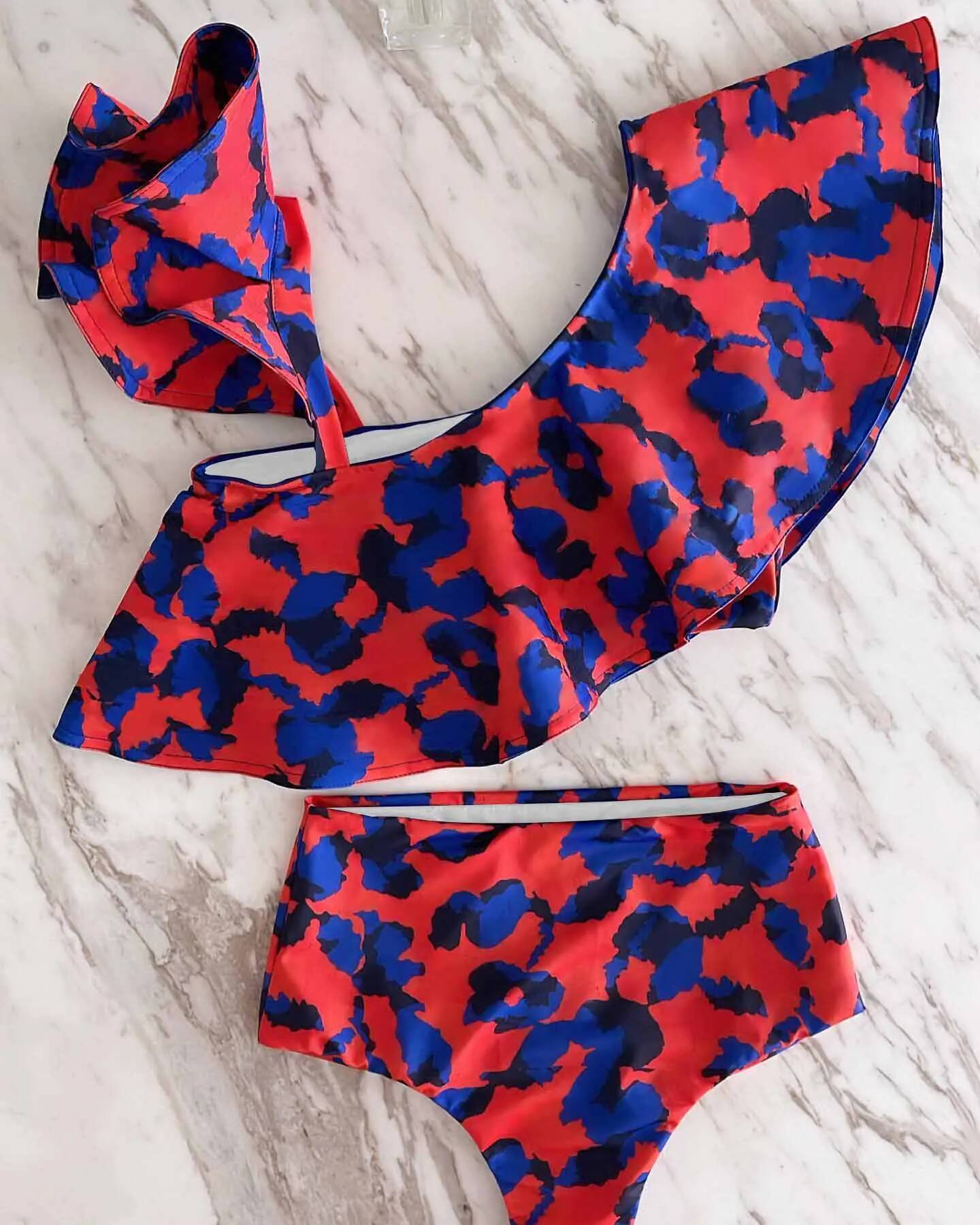 2025 New Print Bikini Ruffle Deep-V Swimwear High Waist Women's Swimsuit Summer Biquini Beachwear Bathing Suit Monkini Female