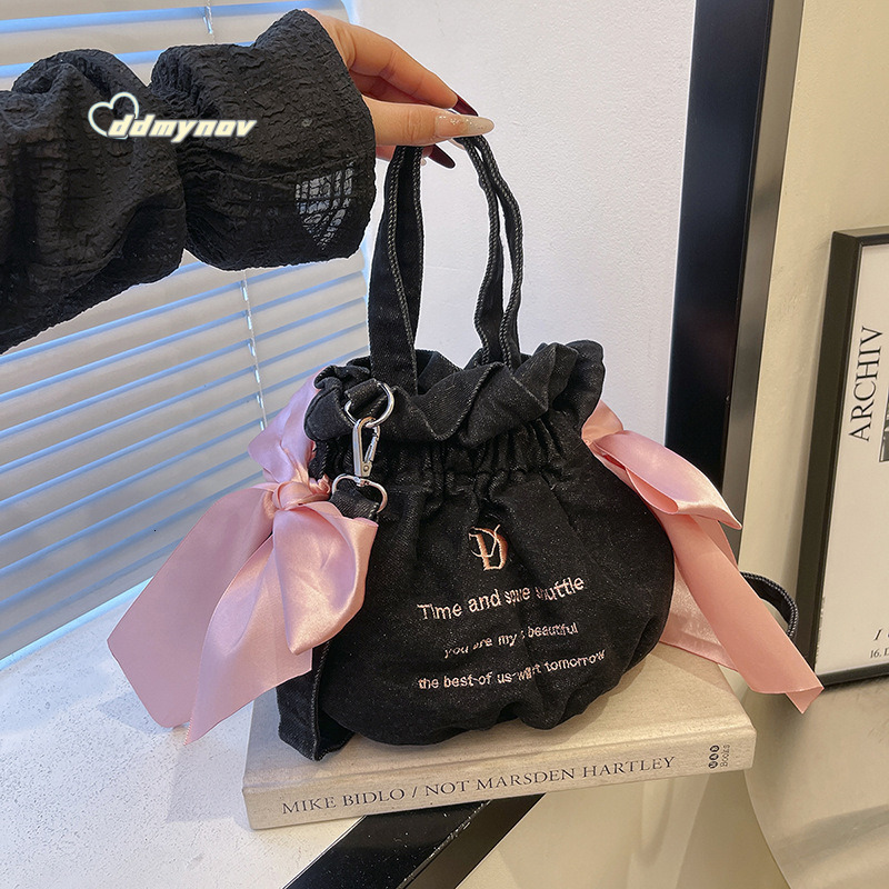 Cherry Blossom Fan Strap Fresh Style Drawstring Bucket Cute Girl Bowknot Shoulder Bag Large Capacity Handbag ddmynov