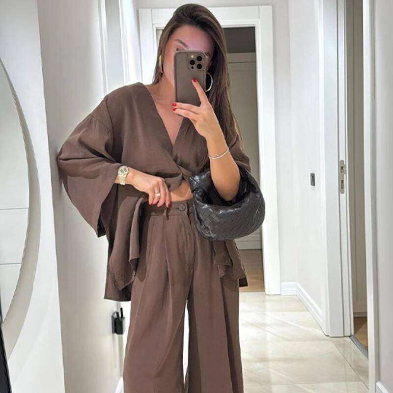 Casual Cotton Linen Pants Sets Women Loose V Neck One Button Shirt High Waist Wide Leg Pant Spring Summer Lady Suit
