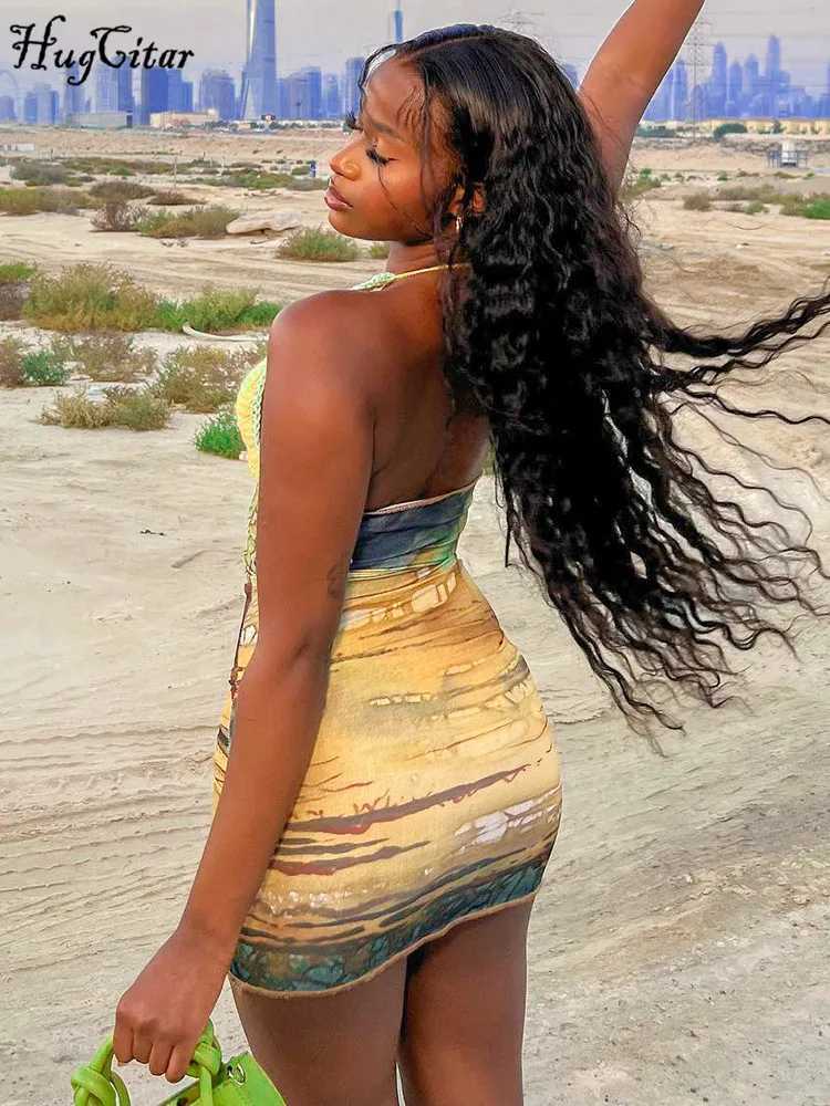 Hugcitar 2025 Spring Halter Knitted Scenery Print Backless Lace Up Sexy Mini Dress Women Fashion Clothes Beach Vacation Party XJ250610