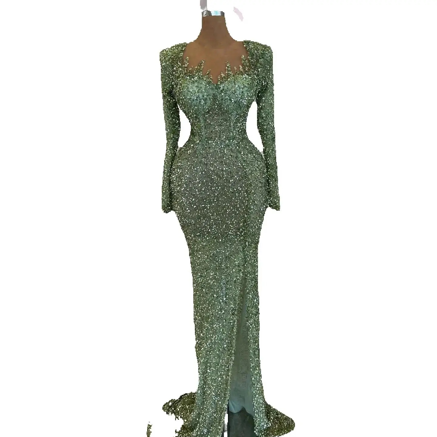 Glitter Sequined Lace Prom Dresses Elegant Long Sleeve Evening Dress Floor Length Beaded Celebrity Party Gown Customized