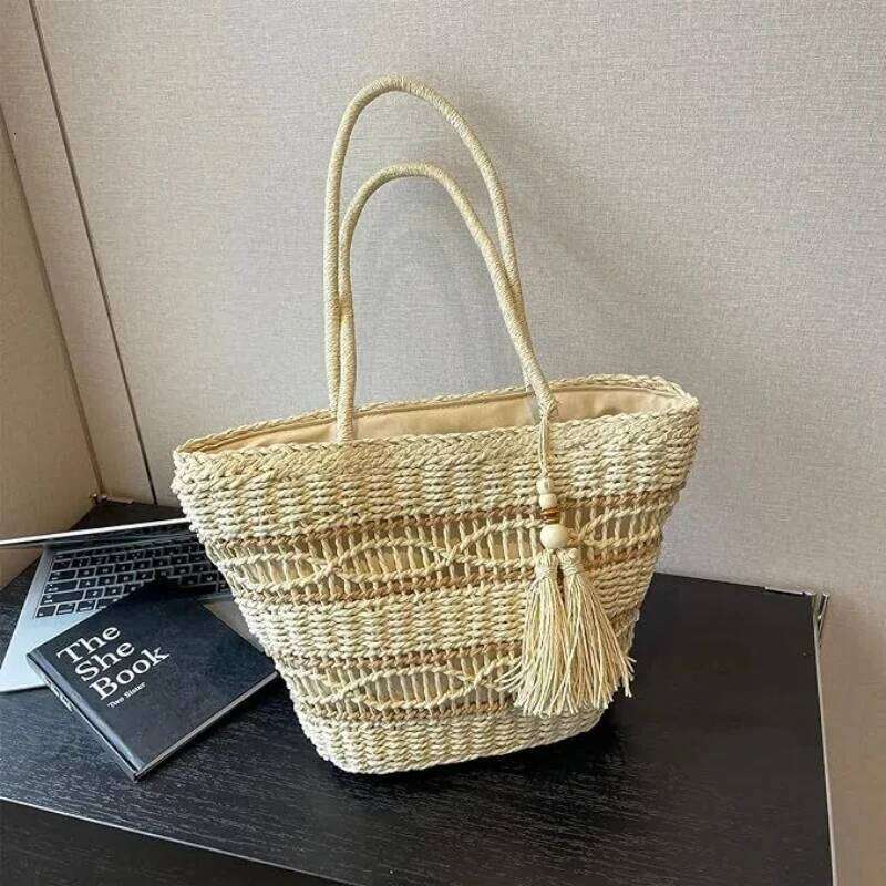 Straw Beach Women's Hand Large Capacity Paper Rope With Tassel Shoulder Bag Woven Handbag