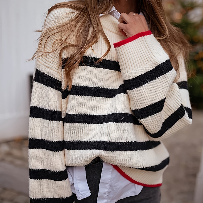 Contrasting striped pullover ladies sweater women autumn and winter new European and American leisure long-sleeved sweater women