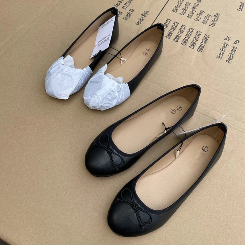 Elegant Bowknot Ballerina Womens Flat Round Toe Comfort Slip-On Ladies Loafers Leather Single Mules Shoes 250606
