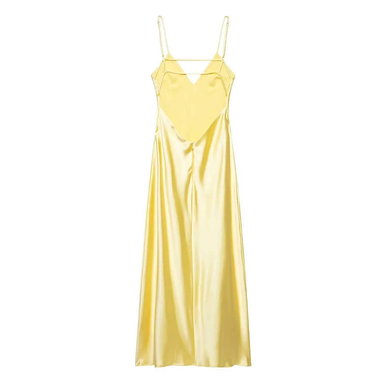 Women Solid Satin Sexy Long Dress V Neck Elegant Yellow Bodycon Backless Spaghetti Strap Dresses Lady 2025 Vocation Party Gowns XJ250610