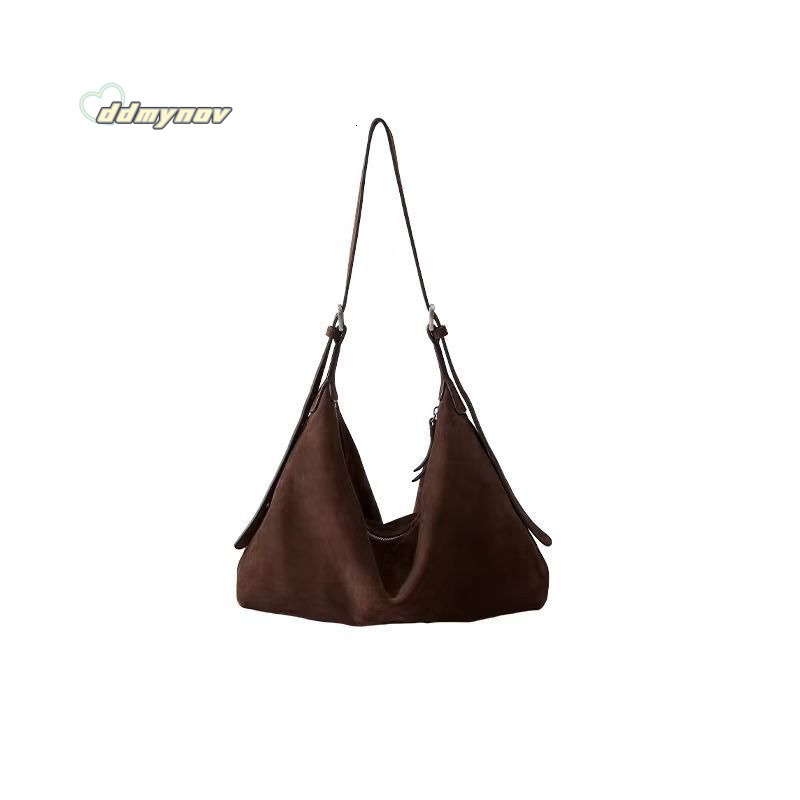 Qiu Zhen Vegetable Tanned (Nubuck Leather) Double Ear Hobo Lazy Single Shoulder Crossbody Large Capacity Commuter Bag ddmynov