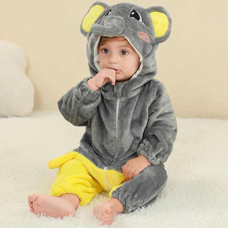 MICHLEY Halloween Elephant Winter Baby Rompers Clothes Costume Flannel Hooded Bodysuits Pajamas Animals Jumpsuit For Boys Bebe y2506100X3C
