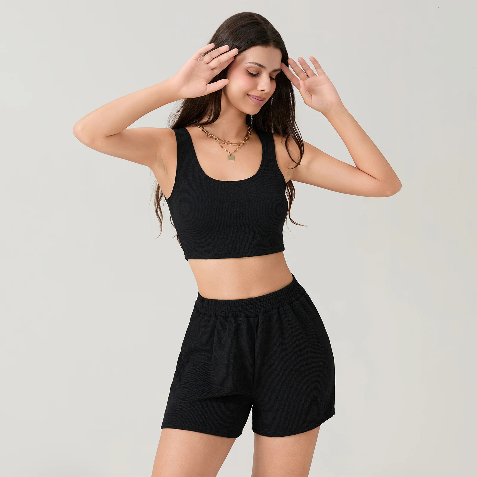 Women 2Pieces Running Sets Summer Solid Color Sportswear Workout Fitness Outfits Straps Square Neck Crop Vest TopsLoose Shorts 250609