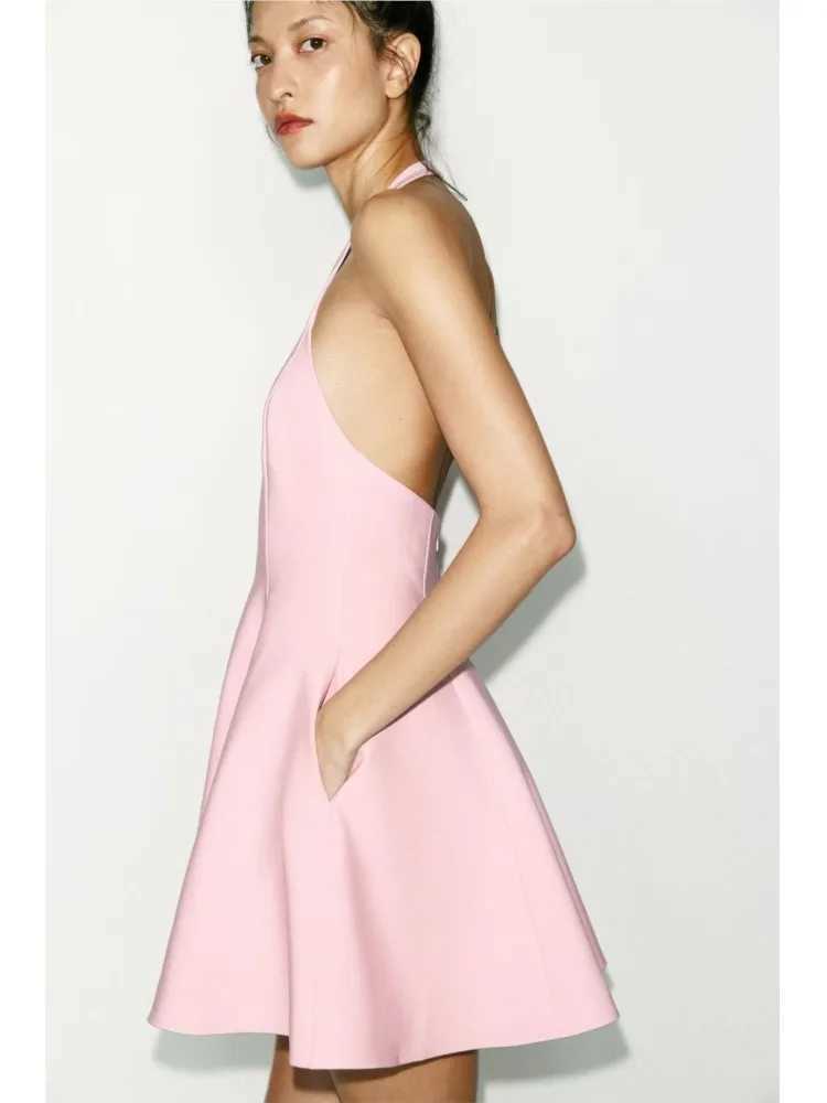 HipSeam Pleated Dress Women Spring Backless Short Halter Godet Womens Dress Female Party Dress Sexy Sleeveless Female Dresses XJ250610