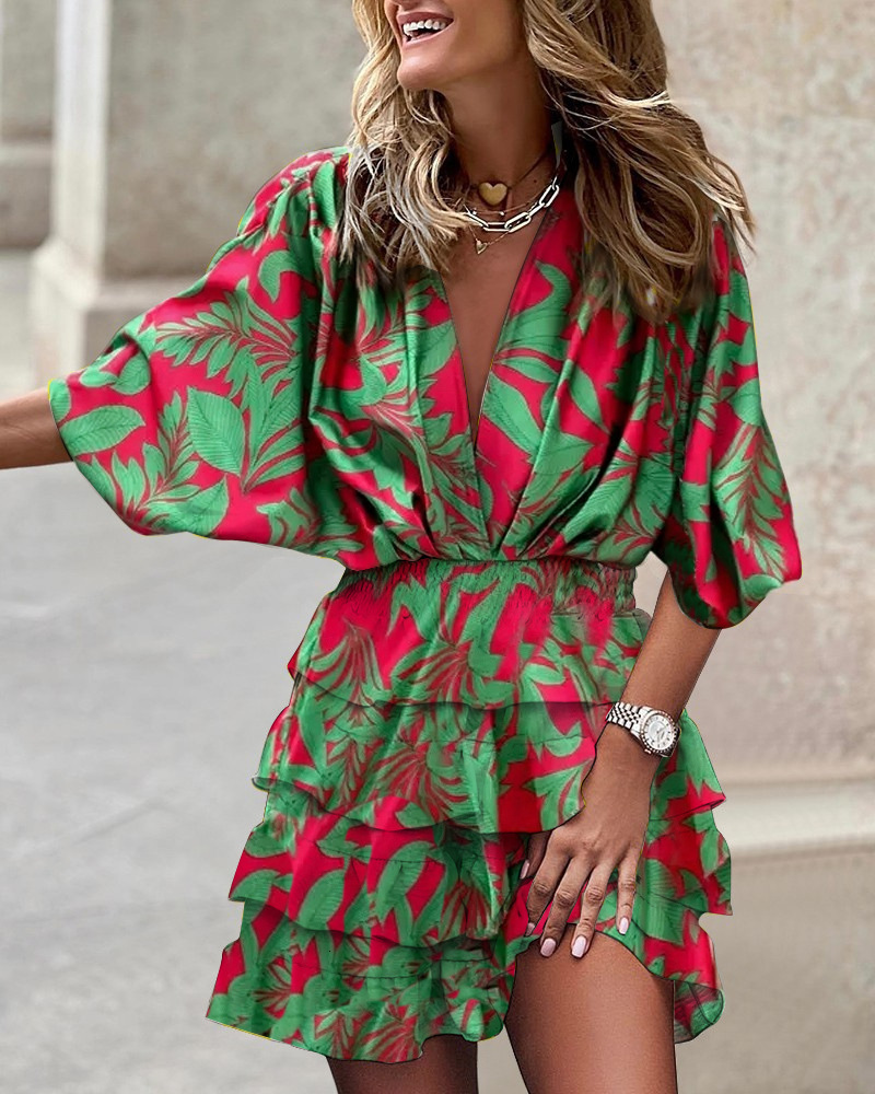 2025 Summer Autumn Dress Designer Bat Sleeve V-neck Hem Irregular Mini Sexy Bodycon Printed Dresses For Woman Streetwear Outfits Skirt