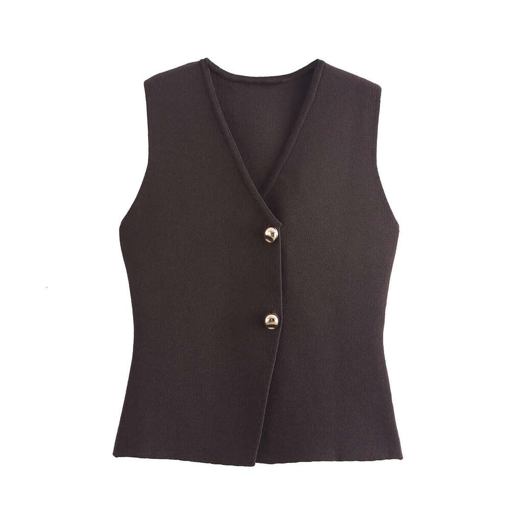 Autumn Women's Solid Color Slim Fit Gold Button Decor Knitted Vest Top B5