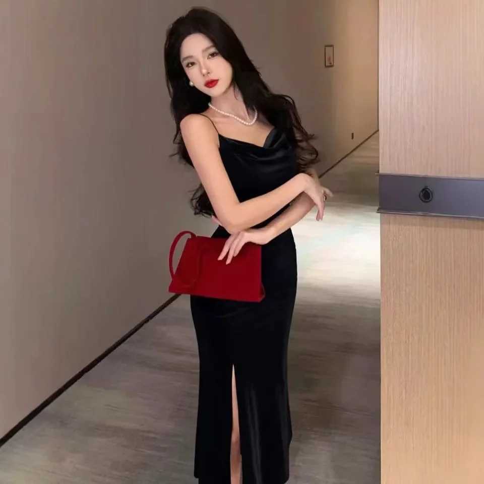 French Velvet Strapless Long Dress Women Summer Sexy Tight Fish Tail Gown Slit Bodycon Dress Sleeveless Elegant Evening Gown XJ250610