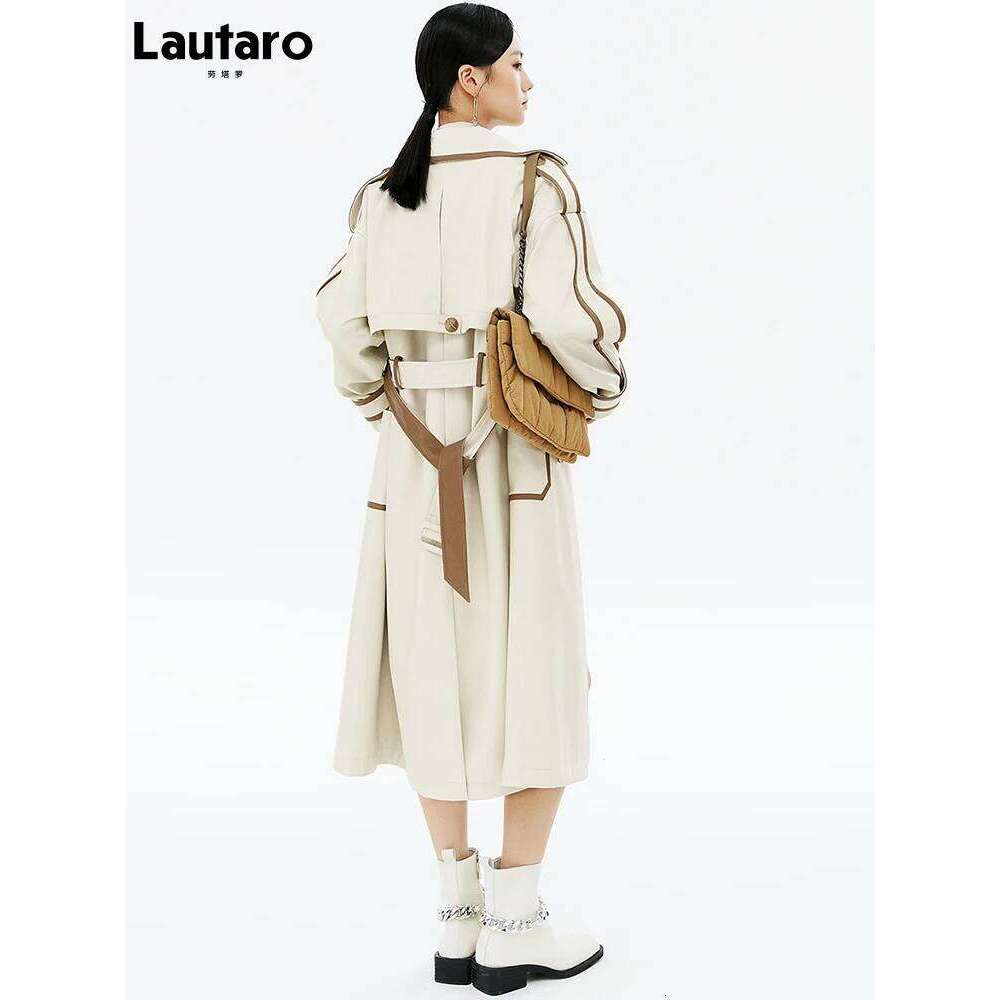 Lautaro Spring Autumn Long Color Block Pu Leather Trench Coat for Women Belt Pockets Designer Loose Stylish Clothes 2022