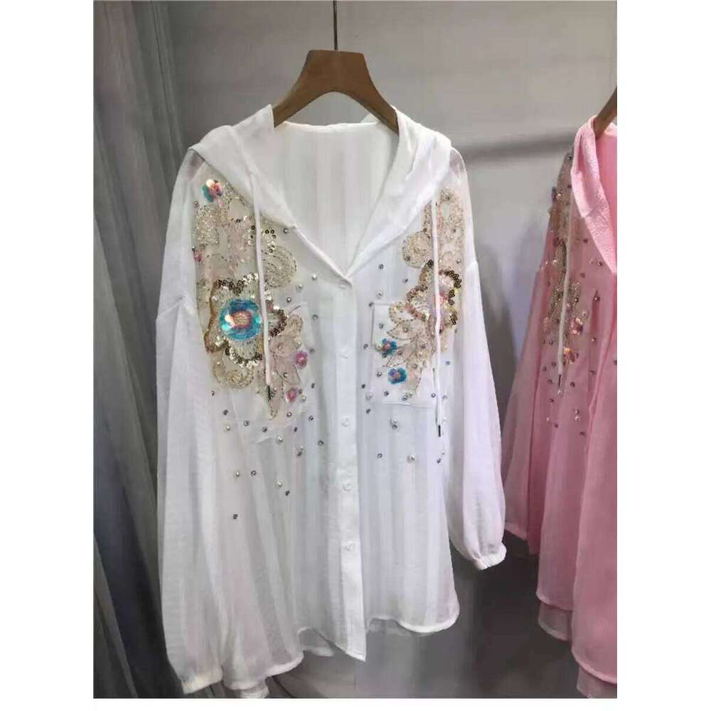 New 2025 Sparkle Pearls Sequins Oversize Buttons Up Hooded Sunscreen Shirts Blouses For Women Long Sleeve Tops