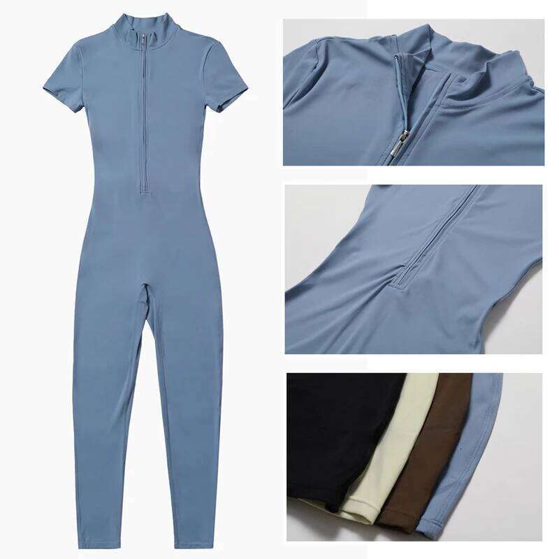 One Piece Fiess Yoga Set Women Buttery Soft Short Sleeve Gym Jumpsuit Super Stretch Zipper Workout Running Sportswear