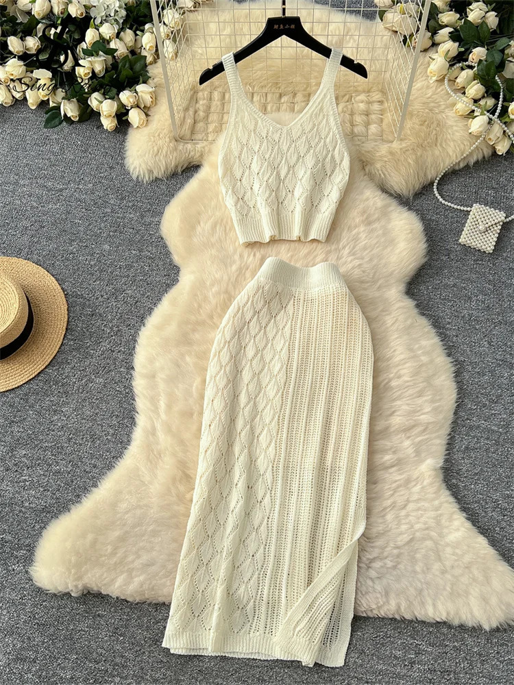 SINGREINY Summer Knitted Beach Suits Women Spaghetti Strap Crop TopsHigh Waist Slim Skirt Hollow Out Vacation Two Pieces Sets 250609