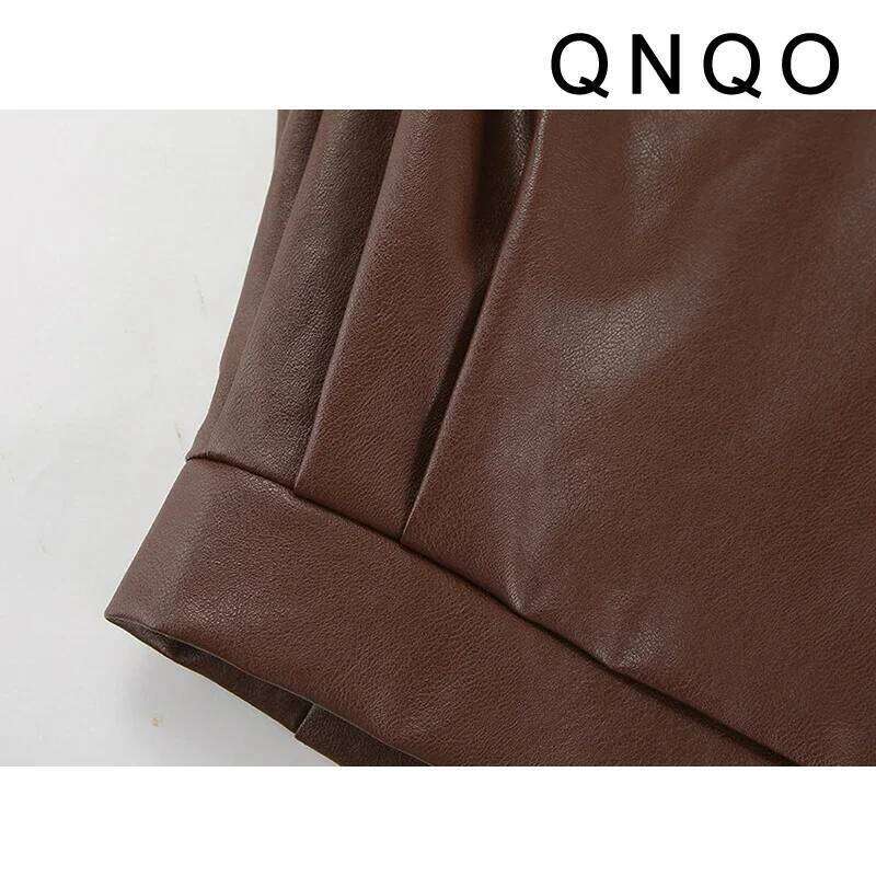 QNQO Faux Leather Jackets for Women Vintage Turn-down Collar Double-Breasted Coat Autumn Winter Fashion Female Loose Outerwear
