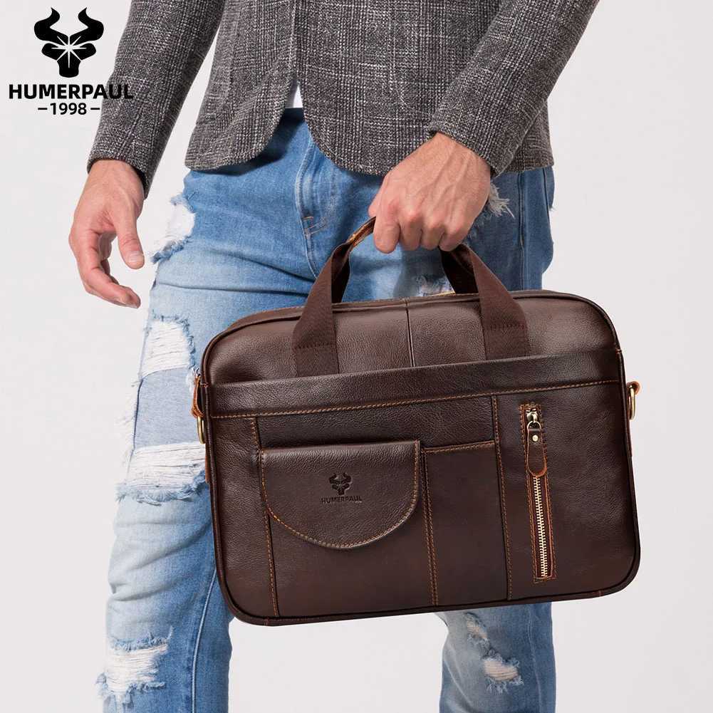 HUMERPAUL Mens Briefcase Bag Top Layer Leather Handcrafted Laptop Bag with Multiple Compartments Business Shoulder Messenger W250610