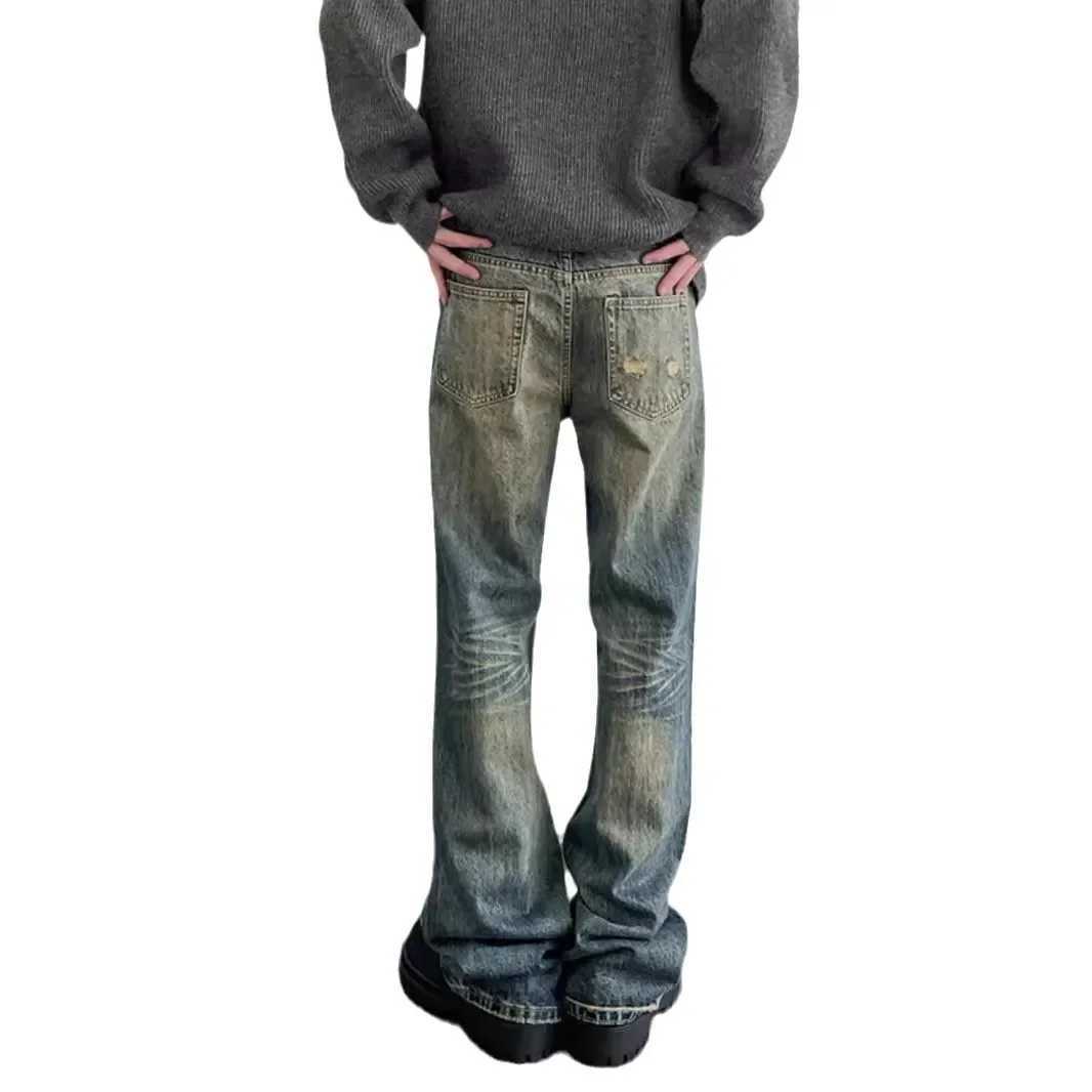 Vintage American Style Mens Straight-Leg Slimming Long Jeans Distressed Washing Denim Pants Trendy Brand Bootcut Pants M250610