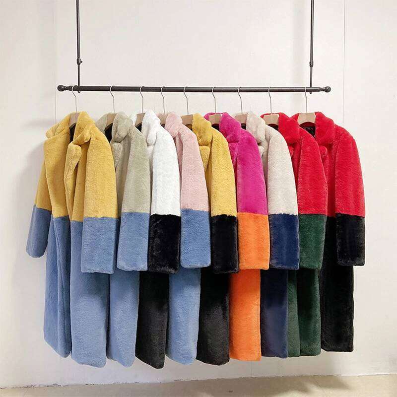 Mixed Color Patchwork Faux Mink Fur Winter Coat Women Jacket Fluffy Lapel Collar Brand 2024 Elegant Ladies Long Overcoats