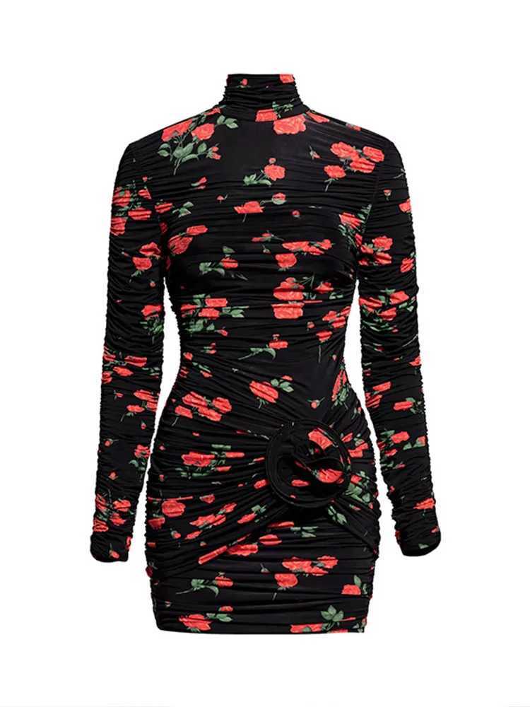 Sexy 3D Flower Mini Dress Women Pink Rose Pleated Turtleneck Long Sleeve Hip Package Dresses 2025 Summer New Party Evening Robe XJ250610