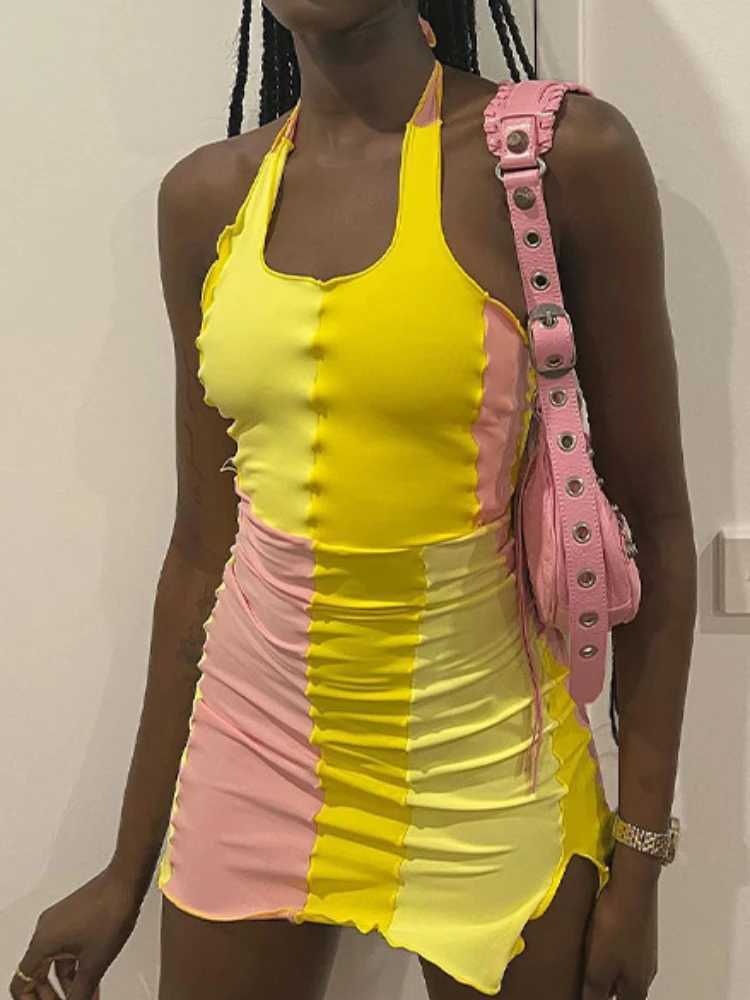 Sexy Contrast Stitching Halter Slim Bodycon Dress Women Sleeveless Off Shoulder Skinny Dress Elegant Club Party Dresses XJ250610