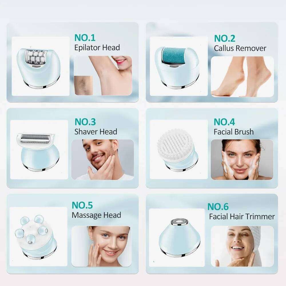 Epilator for Women, 6 in 1 Hair Removal Epilator, Shaver, Razor, Facial Brush, Face Massage and Body Exfoliator