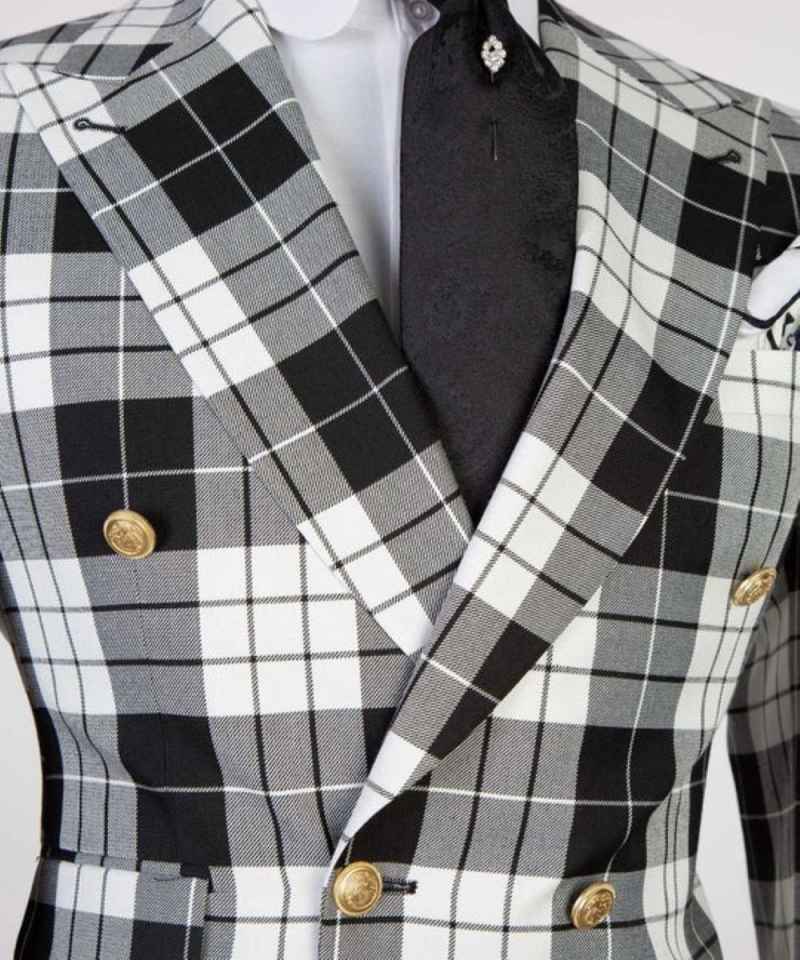 Classic Wedding Tuxedos 2 Piece Set Jacket Pants White Black Check Men Suit Vintage Groom Wear Party Evening Suits Customized