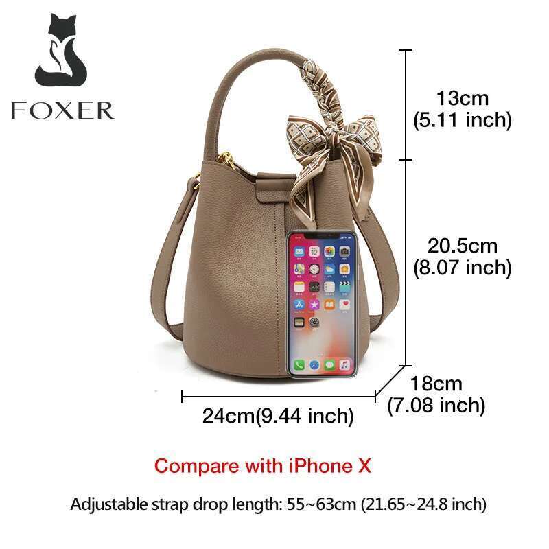 FOXER Women Shoulder Crossbody Handbag Lady Genuine Leather+ Microfiber Fashion Bucket Bag Gift for Lover