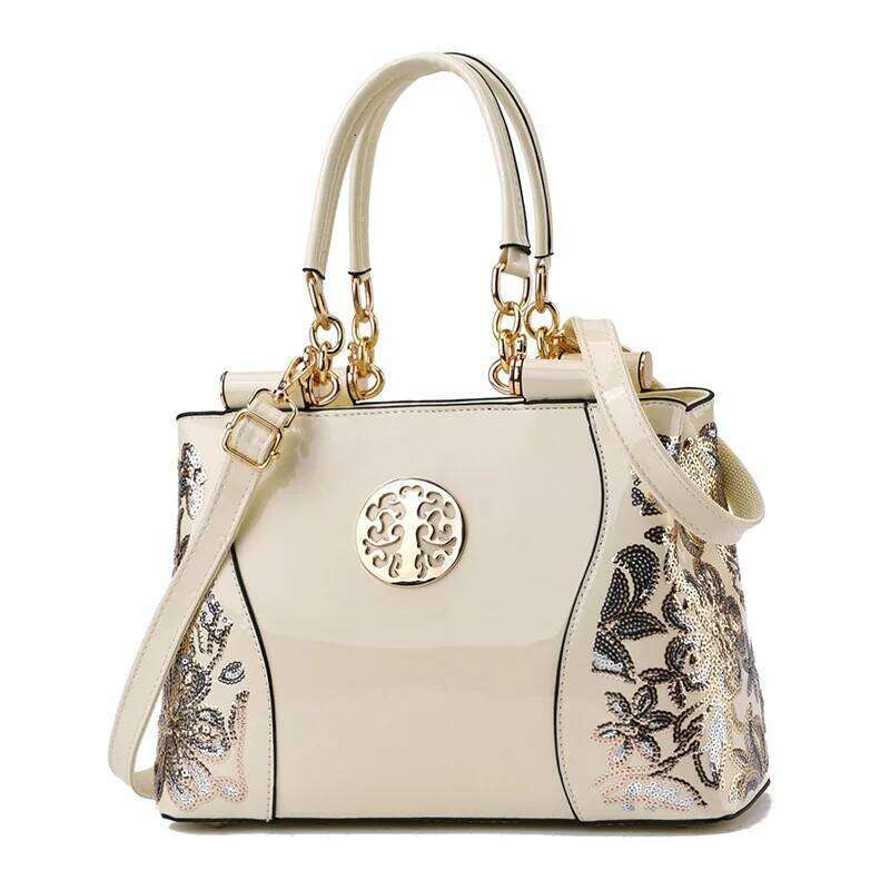 Retro Handbag Large Capacity Bright Leather Double-Sided Embroidered Women's Atmospheric Shoulder Messenger Bag