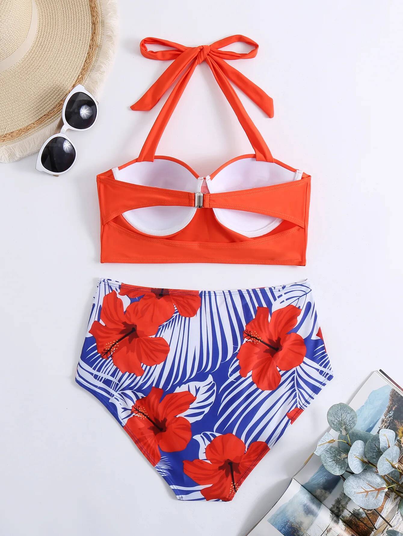 Women Push Up Bikini Set Summer Sexy Slim Flower Print Female High Waist Swimming Suits