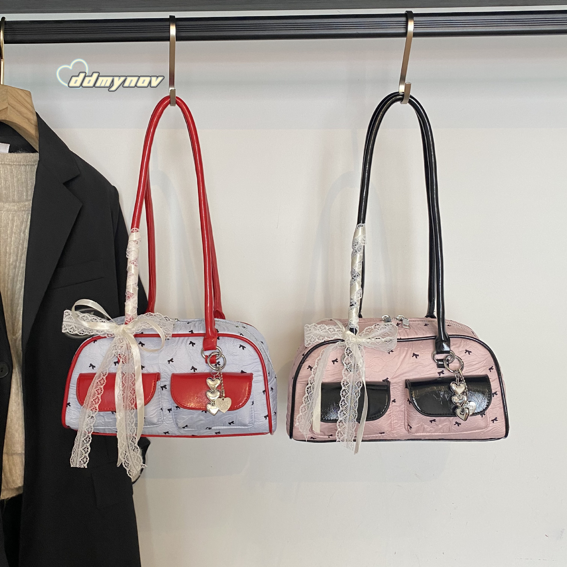 Korean Niche Bowknot Underarm Ins Double Pocket Bowling Handbag Stylish Shoulder Bag ddmynov